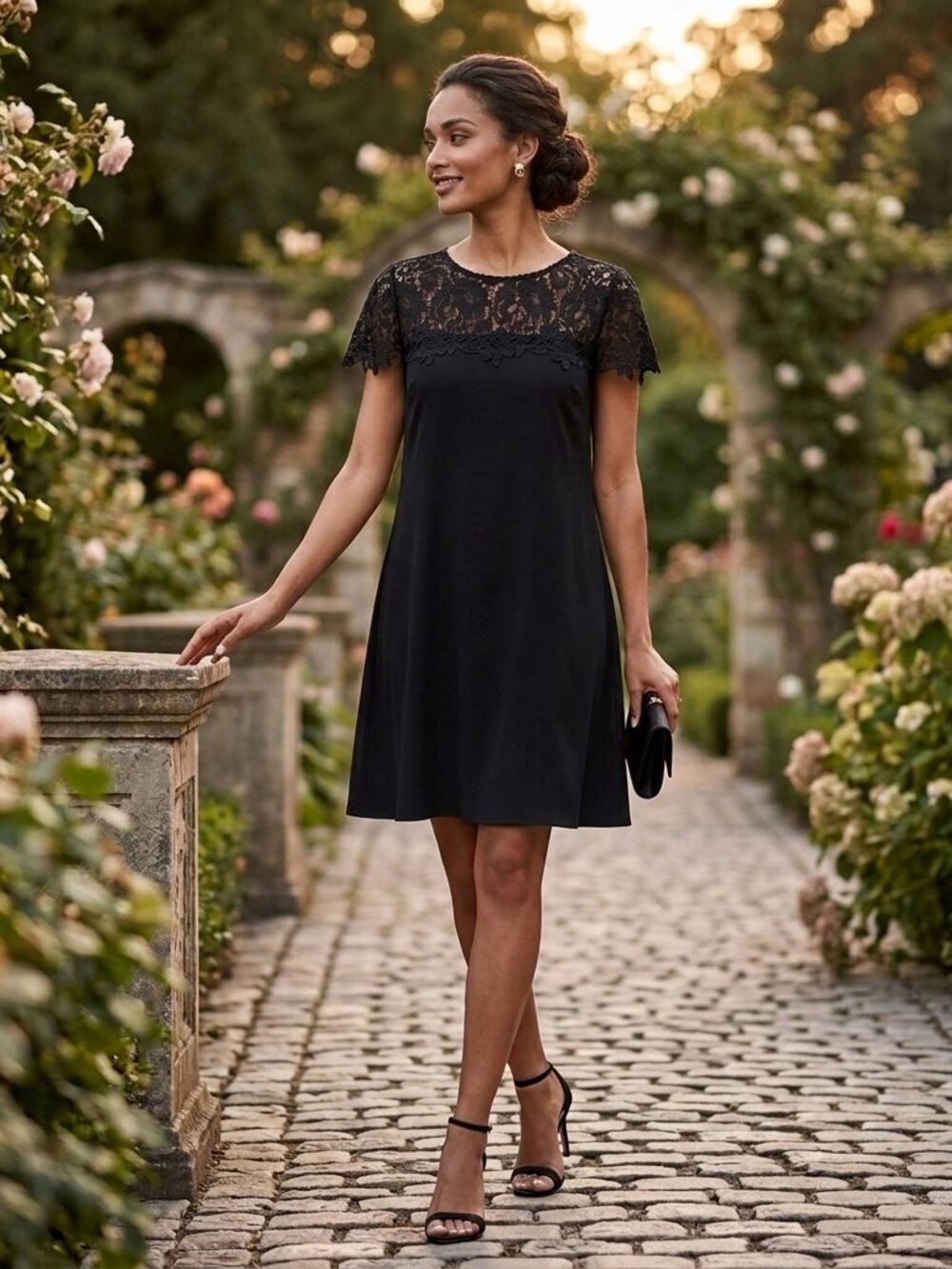 Black Lace Short Sleeve A-Line Crochet Yoke Shift Dress